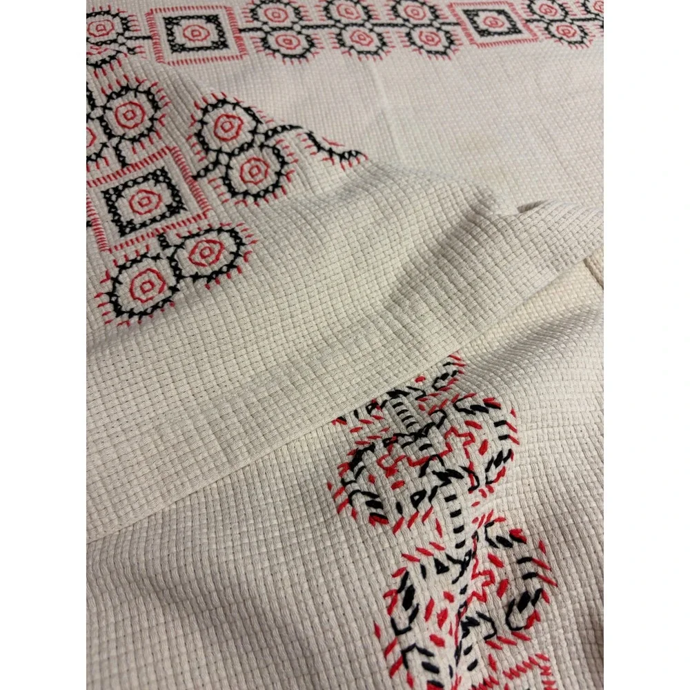 Vintage Hand Embroidered Folk Art Tablecloth Red Black Geometric 68 x 50